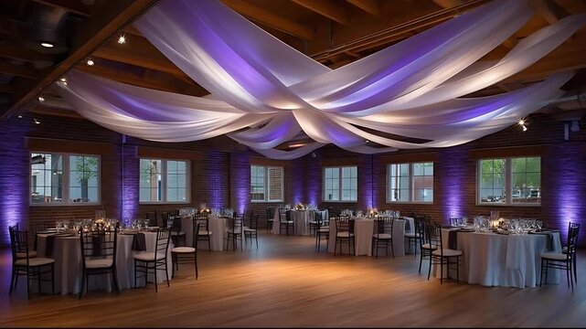 An elegant event hall prepared for a wedding reception with purple lighting and ceiling drapery