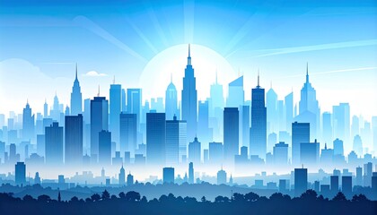 Obraz premium Modern City Skyline Silhouette at Sunrise or Sunset with Blue Sky