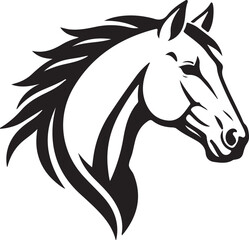 Elegant black and white illustration of a horse s head in profile view