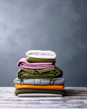Folded Clothes Stacked on Wooden Surface