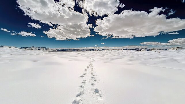 Footprints in Snow Leading to Mountains Under Cloudy Sky