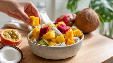 Colorful fruit salad featuring exotic tropical mango, dragon fruit, kiwi, and coconut, arranged in a bowl, showcasing vibrant textures and fresh ingredients for healthy eating