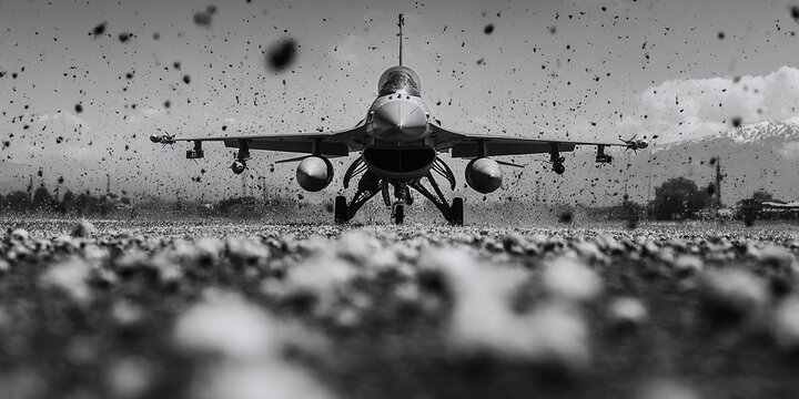 F-16 Fighter Jet on Runway A Striking Black and White Perspective in Motion with Debris