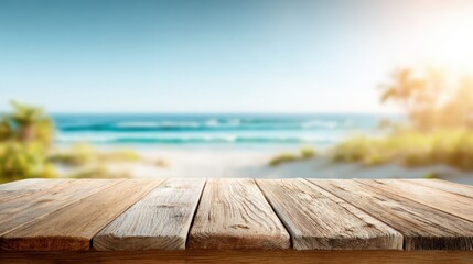 Wooden Picnic Table in Front of Beach With Horizon Blur and Bright Summer Atmosphere Perfect for Gatherings and Relaxation