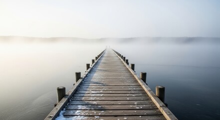 A long wooden pier stretching into a frozen, misty lake, the end disappearing into whiteness, serene liminal space
