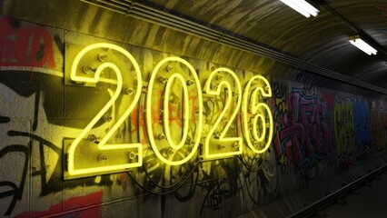 Happy New Year 2026 Neon Sign in a Graffiti-Covered Underground Tunnel