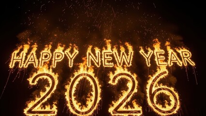 Happy New Year 2026 Text on Fire with Flames and Sparks on a Black Background