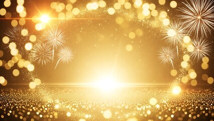 Stunning golden fireworks and sparkling bokeh frame an empty stage perfect for celebratory announcements