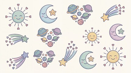 Cute Hand Drawn Flat Design Natural and Celestial Love Doodle Vector Set