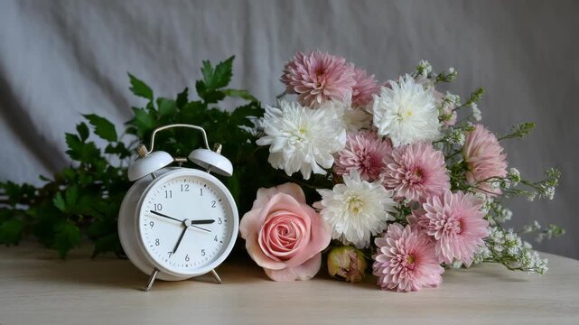 Alarm clock with fresh pink and white flowers, deadline and springtime