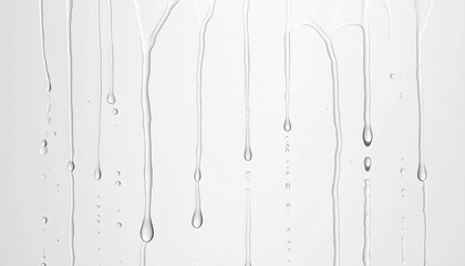 Clear water drops and streaks on a white background, flowing down, clean and fresh liquid texture