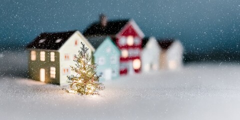 Miniature houses with illuminated Christmas tree in falling snow Winter