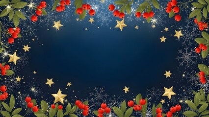 A christmas themed background with red berries green leaves and golden stars on a blue backdrop