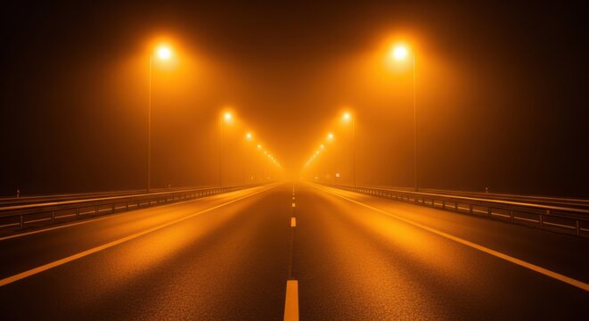 A long, empty highway at night, illuminated by orange sodium lights, stretching into a foggy abyss, liminal space, dreamcore