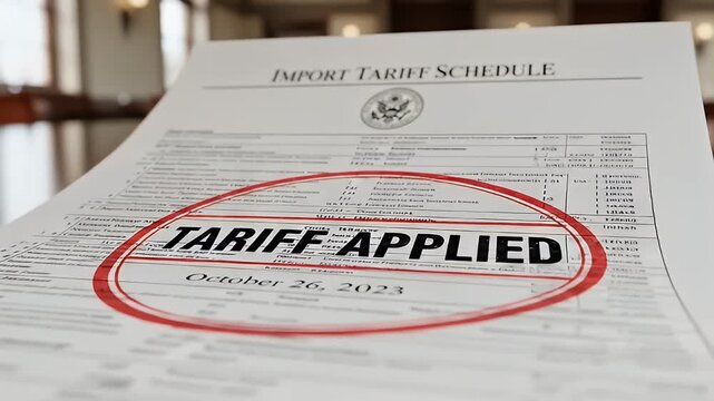 Tilted import tariff schedule document stamped with a red circle and date of October 26, 2023