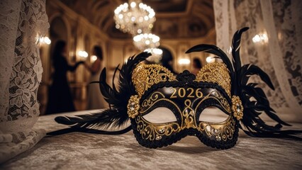 Ornate Black and Gold Masquerade Mask with 2026 on Display in an Elegant Ballroom Setting