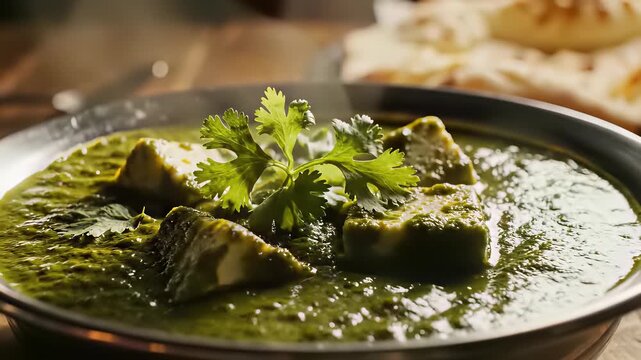 A steaming bowl of saag curry garnished with delicate flair features tender paneer chunks floating serenely amidst savory green broth capturing the international flavors concept perfect for use.