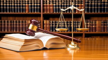 Law justice courtroom gavel scale book wooden legal guidance echoes across rows of leather bound volumes solemn balance of order and duty