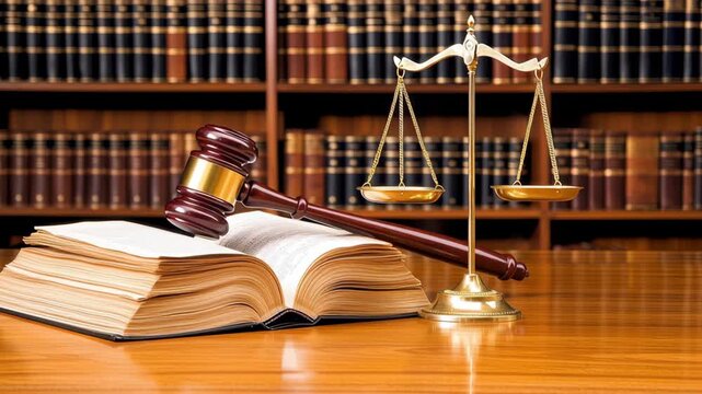 Law justice courtroom gavel scale book wooden legal guidance echoes across rows of leather bound volumes solemn balance of order and duty