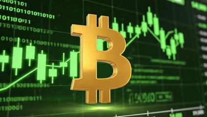 Golden Bitcoin Symbol Rises on Green Digital Stock Market Graph with Binary Code Overlay and Financial Data - Powered by Adobe