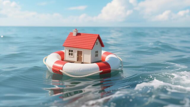 Small house floats on lifebuoy in calm water, symbolizing safety and hope for rescue and protection flooding threats, security amidst rising water levels
