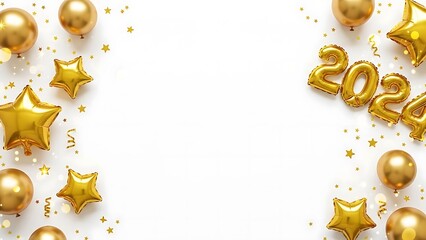 Stunning golden 2024 New Year party balloons and stars frame elegant white background celebration copy space