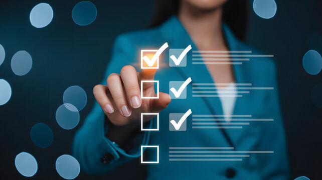 Professional woman completing checklist with touch screen interface, ensuring success and efficiency in project management for modern business solutions