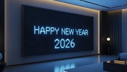 Modern Living Room with Large Digital Screen Displaying Glowing Happy New Year 2026 Message