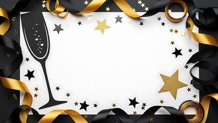 Stunning black and gold New Year's Eve border design with champagne flute silhouette for elegant celebration announcements