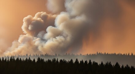 Massive smoke plume rising from silhouetted forest line at sunset for wildfire disaster concept and environmental crisis