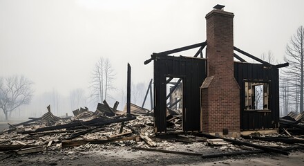 Burnt house ruins and a standing brick chimney after a devastating wildfire under a hazy sky for natural disaster concept and environmental crisis