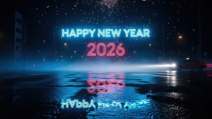 Cyberpunk-Inspired Neon "Happy New Year 2026" Sign on Rainy City Street with Reflections at Night