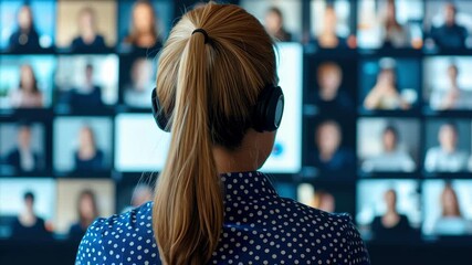 Remote work video conference virtual meeting with headset woman office using technology and screen for team communication online workspace computer - Powered by Adobe