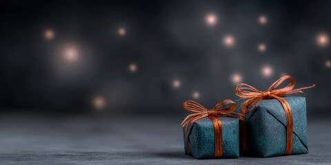 Two elegantly wrapped gifts with bronze ribbon sit on a dark surface soft bokeh lights in background