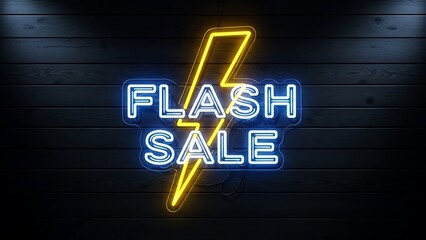 Yellow lightning bolt with blue neon text flash sale on dark wood image