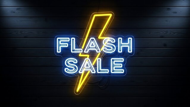 Yellow lightning bolt with blue neon text flash sale on dark wood image - Powered by Adobe