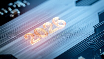 Shining 2026 on futuristic circuit board technology suggests innovation and advancement, perfect for tech industry forecasts and digital transformation concepts
