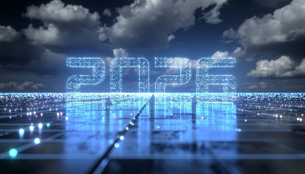 Futuristic 2026 new year celebration with glowing numbers against a cloudy sky, projecting innovation and progress in digital technology