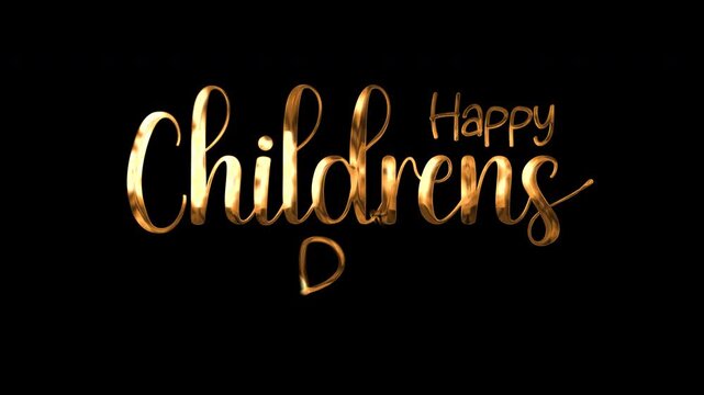 Happy childrens day in elegant gold lettering on a black background. Suitable for greeting cards, posters, social media graphics, and banners.