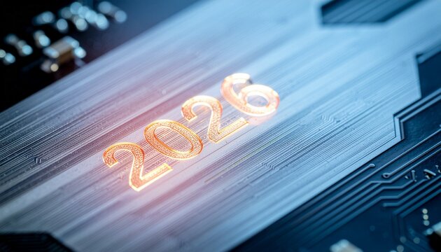 Shining 2026 on futuristic circuit board technology suggests innovation and advancement, perfect for tech industry forecasts and digital transformation concepts