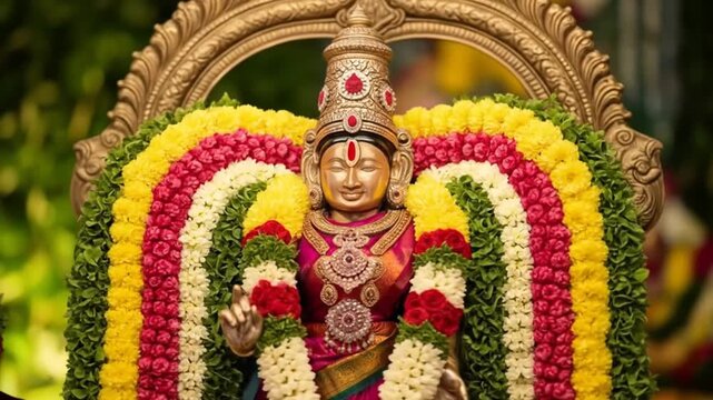 Pavitra Ekadashi: Realistic photo of Lord Vishnu idol decorated with tulsi garland, diya lamps glowing around, placed on ornate altar with flowers