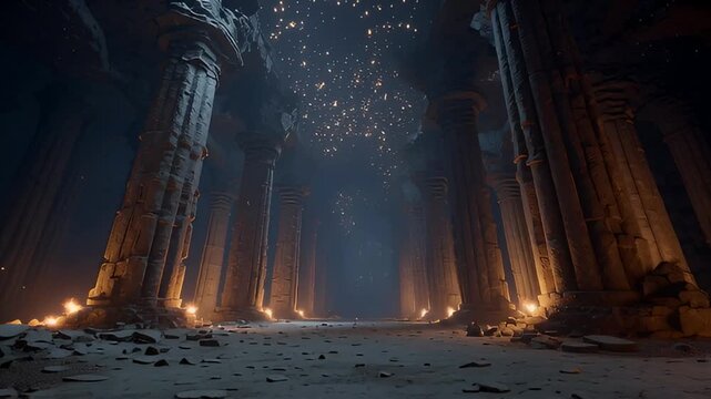 Mysterious and majestic ancient ruins Explore a captivating view of a historical architectural marvel, filled with towering columns and an inviting path to the unknown