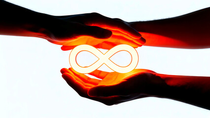 Infinity symbol hands light connection support care protection future hope eternity endlessness love relationship partnership collaboration teamwork unity forever together trust belief