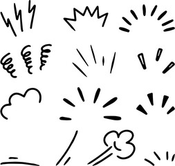 Set of hand-drawn doodle graphic elements for emphasis, action, and reaction. Includes lightning, explosion, speed lines, and smoke effect for comics or video overlays.