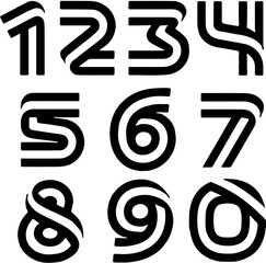 Set of modern, bold, double line style numbers from 0 to 9. Abstract striped numeric font design concept for technology, finance, branding, or sports.