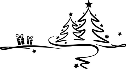 Hand Drawn Swirl Christmas Tree Silhouette with Gifts and Stars / Festive Holiday Graphic