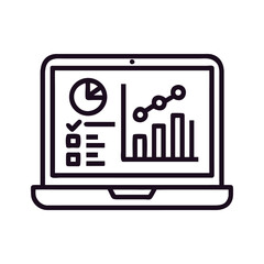 Line art illustration of a laptop displaying data charts and checklists, , representing data analysis, task management, and digital productivity