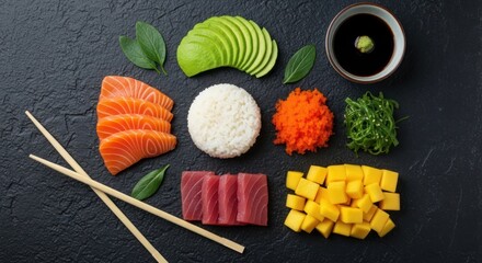 Sushi Ingredients Flat Lay with Fresh Salmon Tuna Avocado Rice Soy Sauce and Mango on Dark Slate Stone Plate Delicious Raw Fish and Healthy Food Preparation for Asian Cuisine Still Life