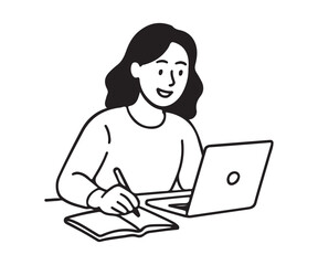 Dynamic young woman brainstorming ideas, taking notes while working on her laptop, ideal for modern business and freelance concepts