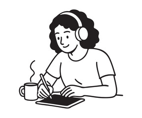Creative young woman drawing on a tablet with a stylus while listening to music and enjoying a hot coffee in a minimalist black and white illustration